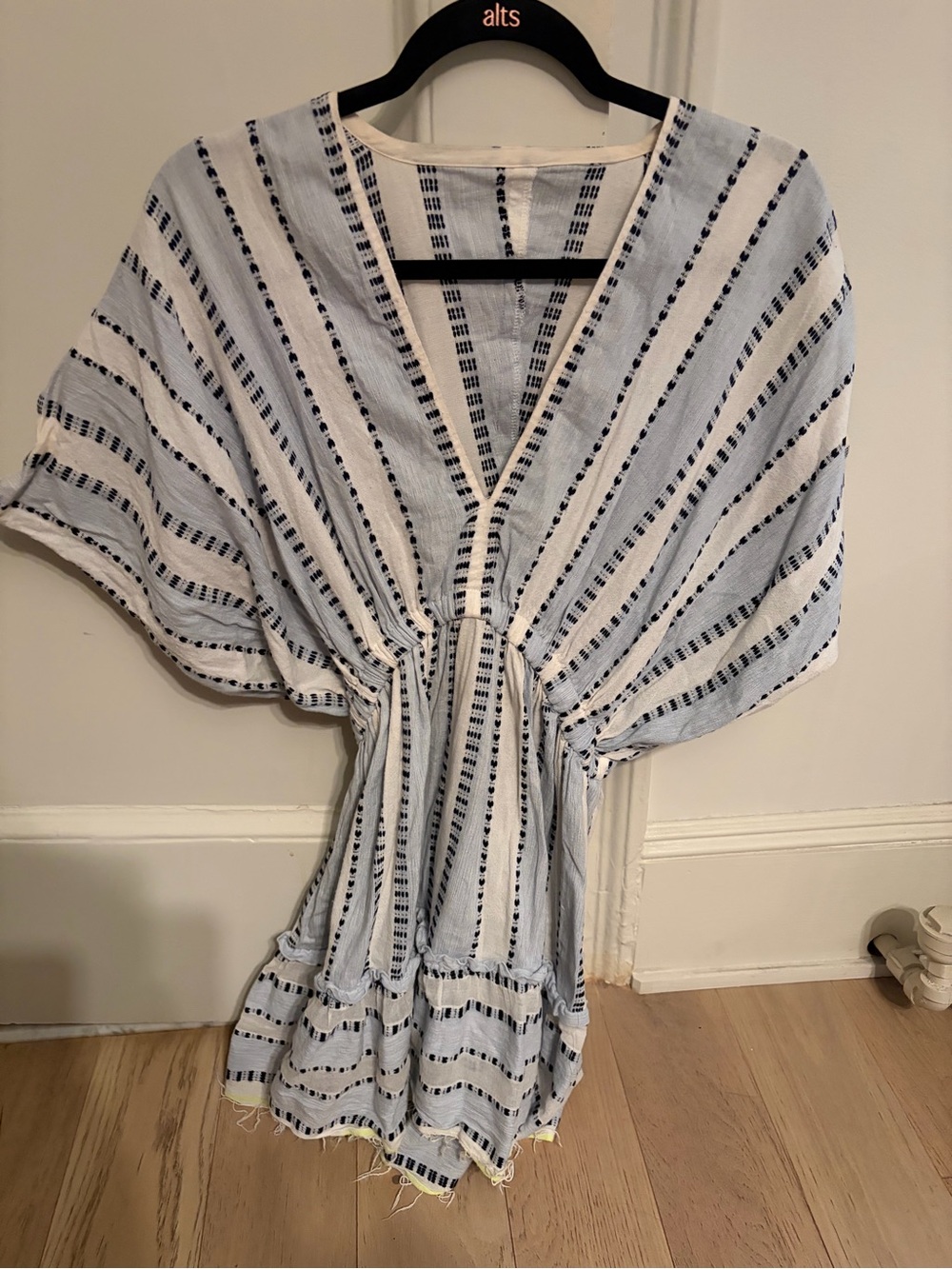 Lem Lem Light Blue & White Striped V-Neck Tie-Waist Women's Dress